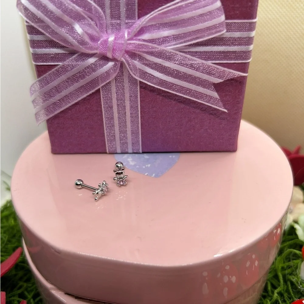 Tiny baby Silver 925  and Pink Teddy Bear Earrings